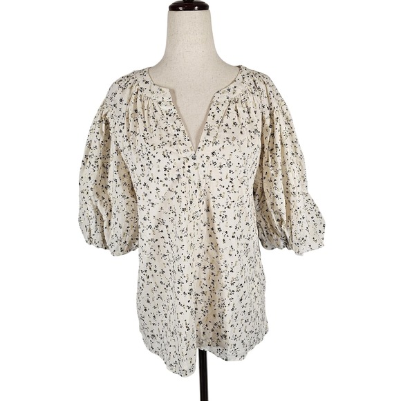 Vince Tops - Vince Camuto Blouse Womens Medium Birch Island Oasis Floral Puff Sleeve Metallic